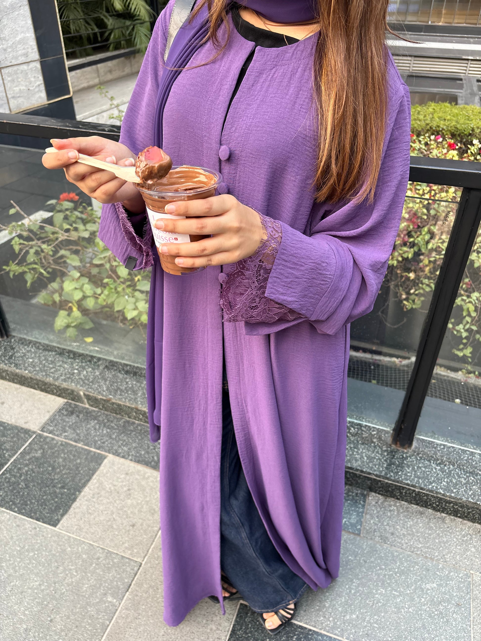 Hazel Buttoned Lace Abaya in Purple